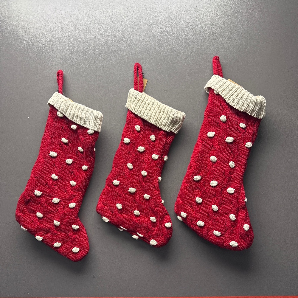 Set of 3 Creative Co-Op 20' H Cotton Knit Stocking w/Dots, Red & Cream Color